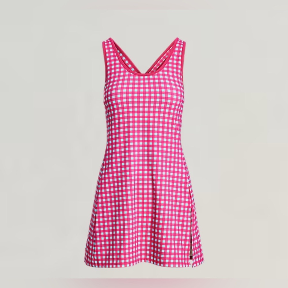 RLX Ralph Lauren Hot Pink and White Gingham V-Neck Mini Dress